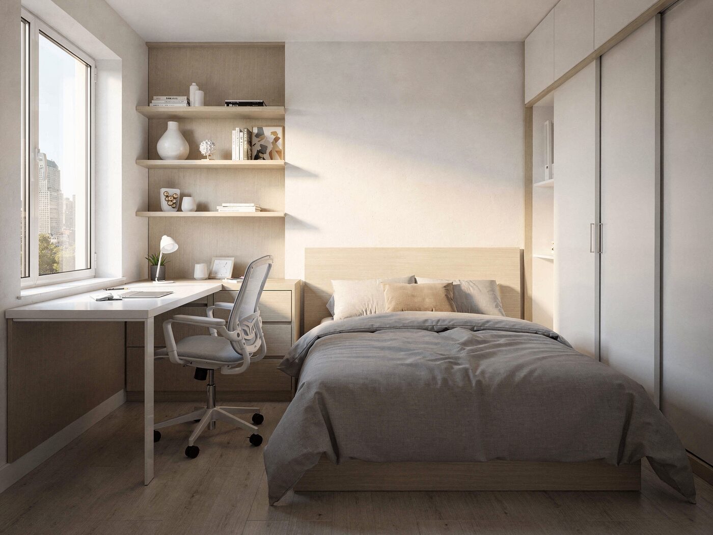 A private furnished student bedroom with a desk under the window