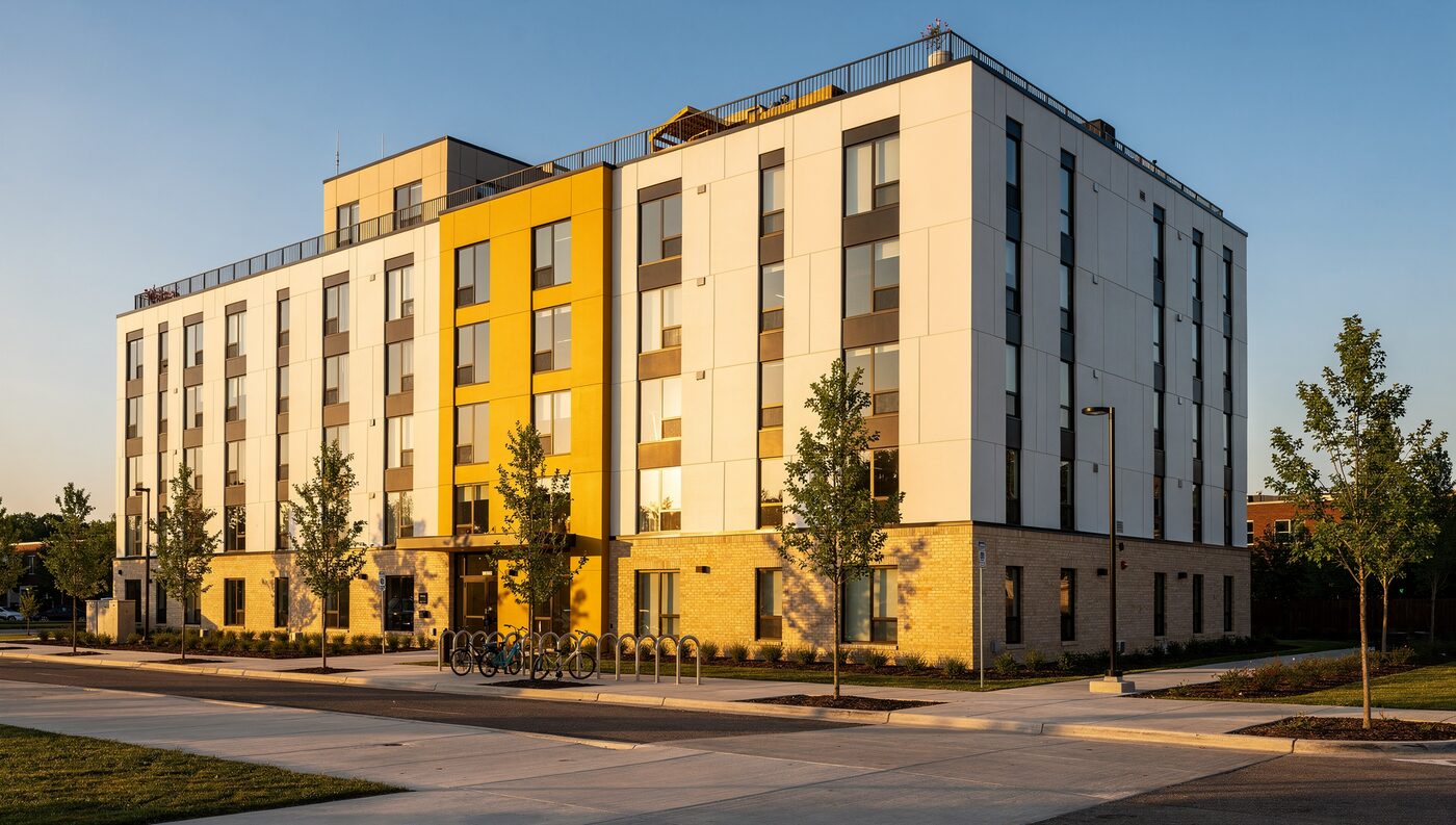 Campus Quarter, a five-story student apartment building with bike racks out front