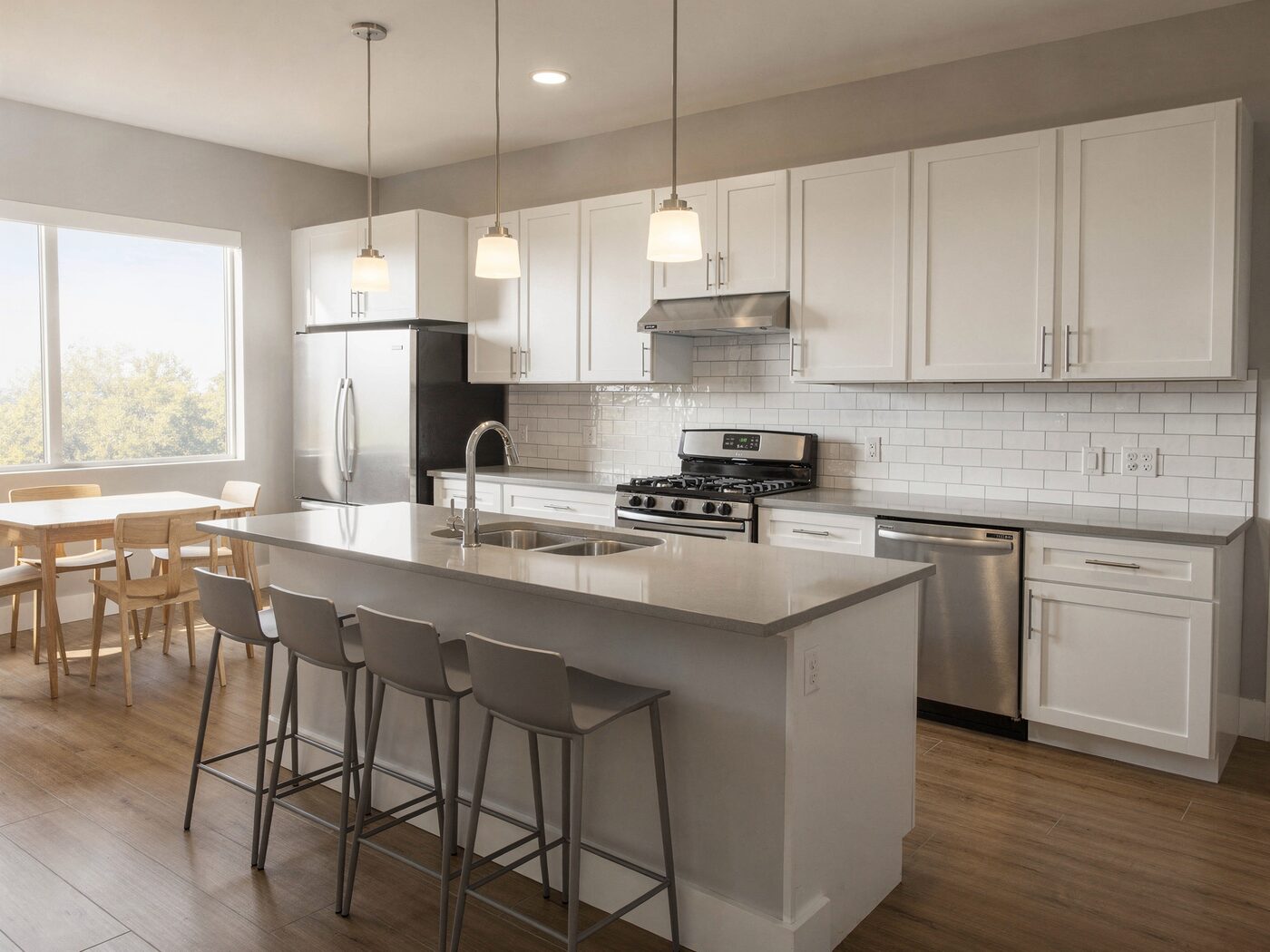 Shared kitchen with island seating for four