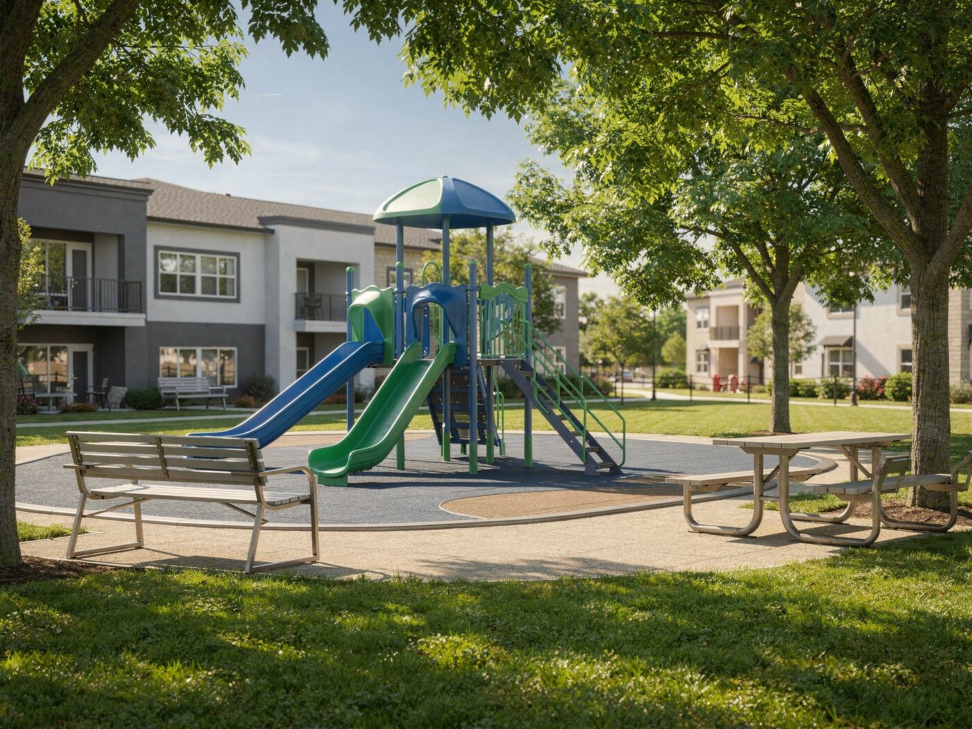 Playground and picnic tables on the lawn