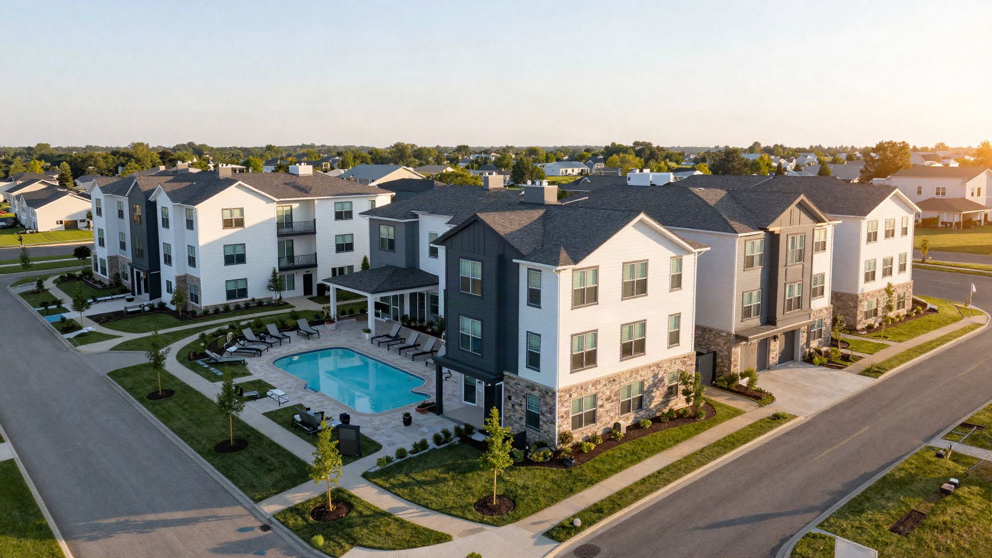 Aerial view of three-story apartment buildings around a clubhouse and pool