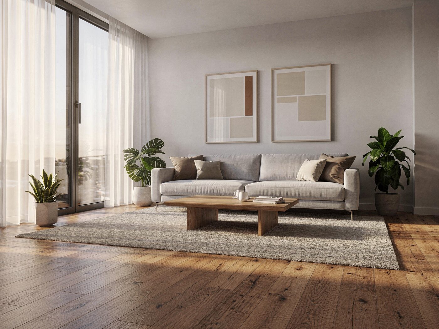 Living room with large windows and oak flooring